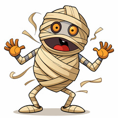 A cartoon illustration of a mummy with bandages falling off, perfect for Halloween decorations, spooky designs, or any project that needs a touch of fun and fright.