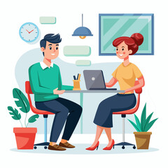 A cartoon illustration featuring a man and a woman sitting at a table in an office setting, showcasing a professional interaction. The man is looking at the woman who is focused on a laptop.