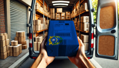 Hands holding a package wrapped in the Nevada flag design, ready for delivery. Symbolizing shipping and logistics services, with a van full of packages in the background