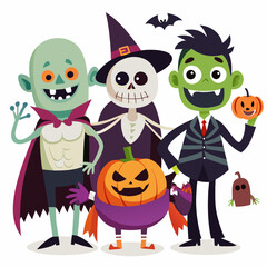 A fun and festive illustration featuring a group of friends dressed up in Halloween costumes, including a vampire, a skeleton, a zombie, and a pumpkin.