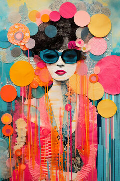abstract woman with sunglasses and bubbles, vintage, retro