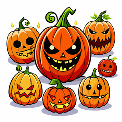 A collection of six cartoon pumpkins with different expressions, perfect for adding a spooky touch to your Halloween designs. These cute and whimsical pumpkins are ideal for greeting cards.