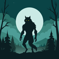 A shadowy werewolf silhouette stands tall against a full moon, surrounded by a haunting forest landscape. This illustration captures the essence of a mythical creature and is perfect for Halloween.