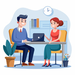 A cartoon illustration featuring a man and a woman sitting at a desk in an office setting. They are both smiling and appear to be engaged in a conversation.