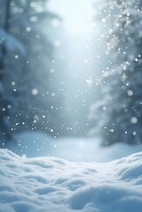  Magical winter landscape with tall snow-covered christmas trees and softly falling snow on blurred background. Background for winter holidays and Christmas cards.Christmas banner background 