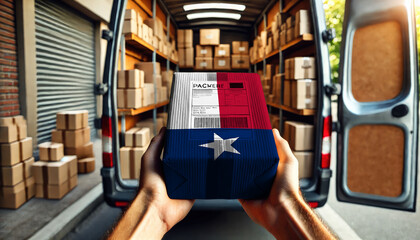 Obraz premium Hands holding a package wrapped in the Texas flag design, ready for delivery. Symbolizing shipping and logistics services, with a van full of packages in the background