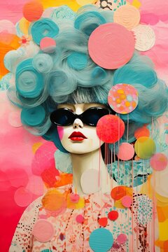 abstract japanese doll with sunglasses and blue hair, vintage, retro