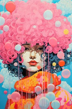 abstract woman with pink afro hair, vintage, retro
