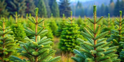 Fototapeta premium Macro shot of spruce and fir trees in plantation for Christmas tree farming
