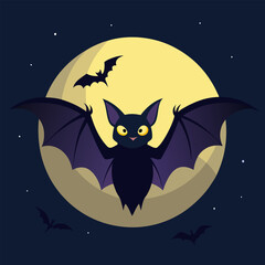 A cute cartoon bat flying in front of a full moon. Perfect for Halloween decorations, greeting cards, and other spooky projects.