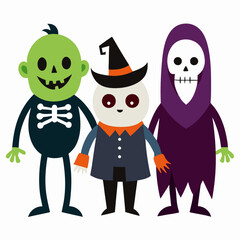 Cute and spooky Halloween characters: a zombie, a witch, and a grim reaper, perfect for adding a playful touch to your designs. This festive trio is ideal for invitations, decorations.