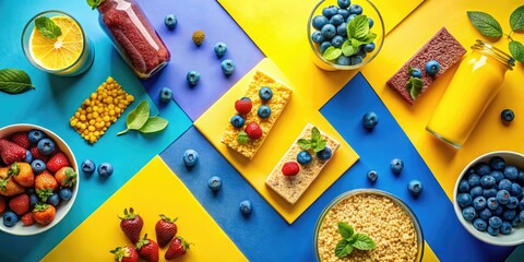 Discover vibrant blue and yellow geometric designs featuring gym-inspired meals. Elevate your fitness journey and boost engagement with eye-catching food photography! Fuel your passion!