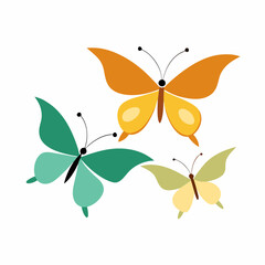 A cheerful illustration featuring three butterflies in various shades of green, yellow, and orange, perfect for adding a touch of whimsy to your designs.