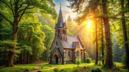 Macro shot of sunlit gothic church in forest grove
