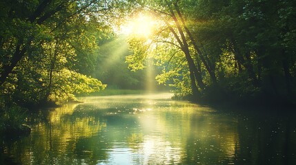 Fototapeta premium Sunbeams shining through a forest canopy, creating a magical atmosphere over a river.