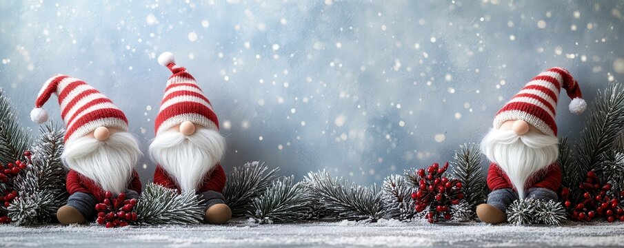 Three adorable gnomes with red hats sitting among frosty pine branches and red berries, evoking a festive winter wonderland atmosphere