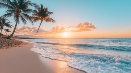 A beautiful sunset over a tropical beach with palm trees.