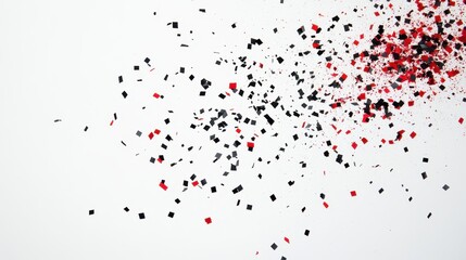 Abstract Explosion of Confetti-like Shapes in Black, Red, and White