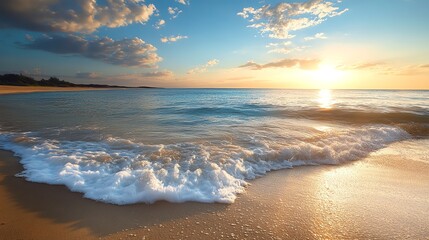Obraz premium Peaceful sunset over a sandy beach with gentle waves breaking on the shore.