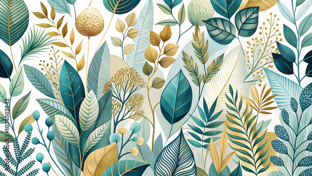Poster golden teal botanical pattern: an elegant and modern design featuring a seamless pattern of teal and