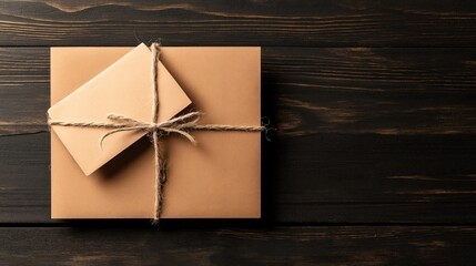 Brown gift box with envelope tied with twine on dark wooden background, minimalist rustic packaging concept