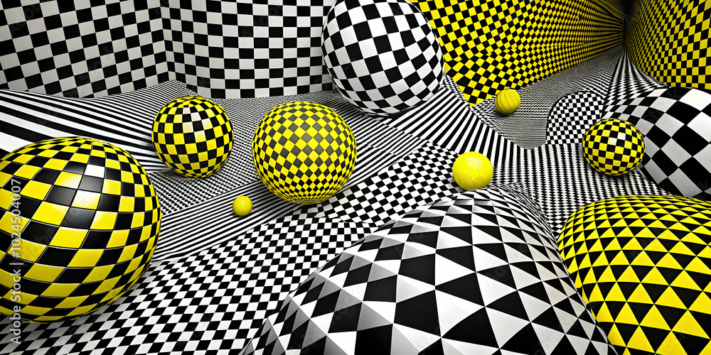 Poster abstract illusion: checkered spheres and geometric patterns create a mesmerizing 3d optical illusion