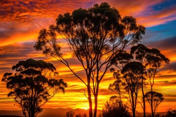 Fototapeta premium Eucalyptus trees stand silhouetted against a golden sunset, embodying the serene beauty of nature. This tranquil view invites reflection and peace in an enchanting moment.