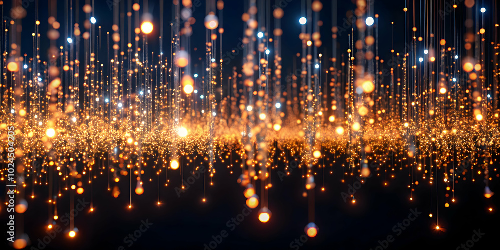 Poster golden lights cascade: a mesmerizing display of shimmering golden lights cascading downwards, creati
