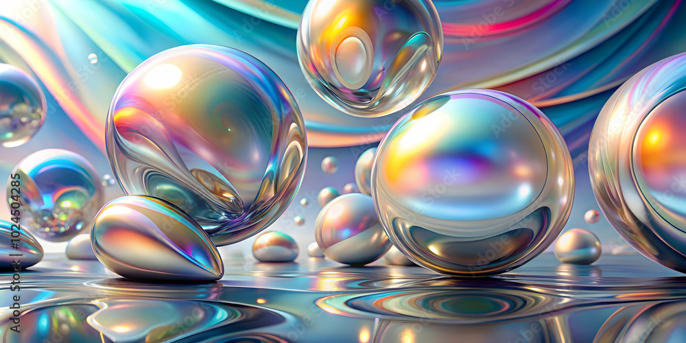 Poster shimmering spheres: a mesmerizing abstract composition of iridescent spheres floating and reflecting