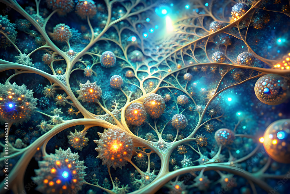 Aufkleber cosmic neural network: abstract fractal art depicting a vibrant, glowing neural network, with intric