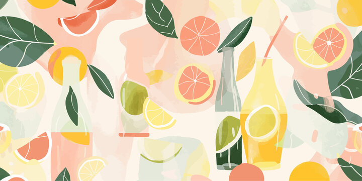 Colorful abstract illustration featuring citrus fruits, leaves, and bottles in pastel tones. A bright and vibrant design ideal for backgrounds, packaging, or creative projects.