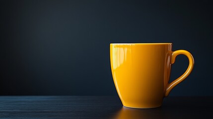 A yellow coffee cup sits on a dark table