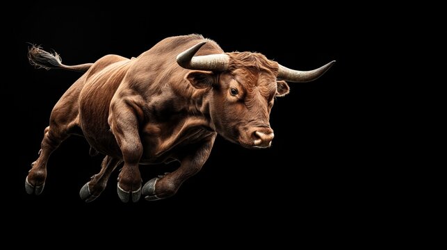 Dynamic image of a powerful brown bull leaping with intense focus against a black background