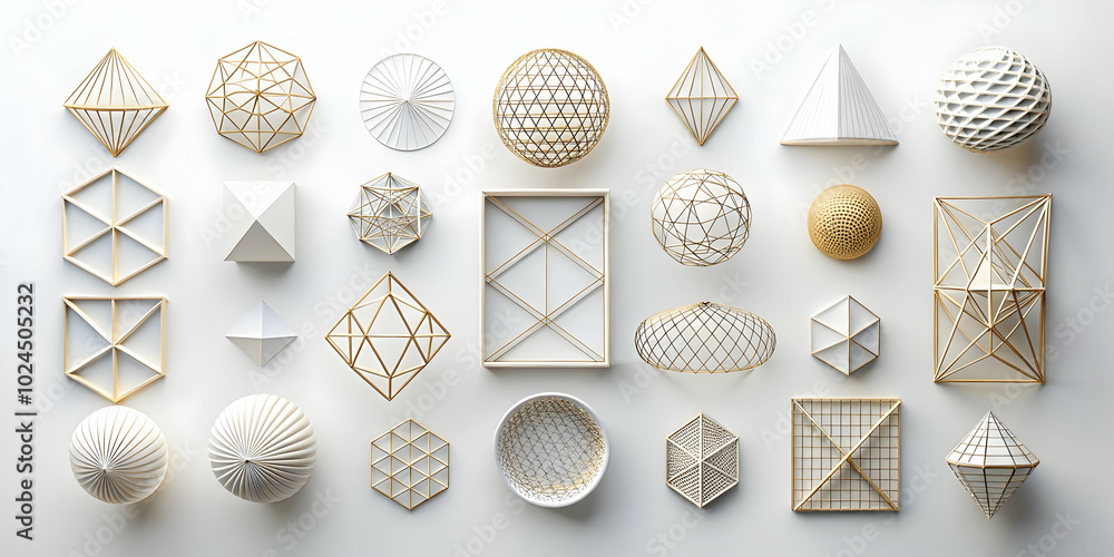 Poster geometric harmony: an array of pristine white and gold geometric shapes arranged in a visually stunn