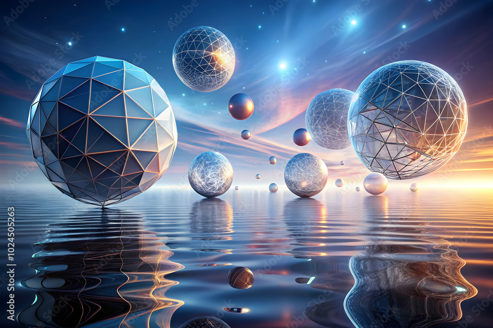 Poster cosmic geometry: a captivating image of geometric orbs floating in a dreamy, abstract landscape, evo
