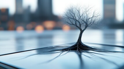 Intricate tree sculpture with roots on a reflective surface in a cityscape, AI