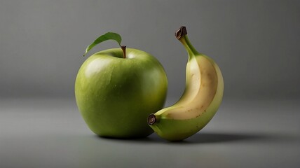 green apple and banana on grey background