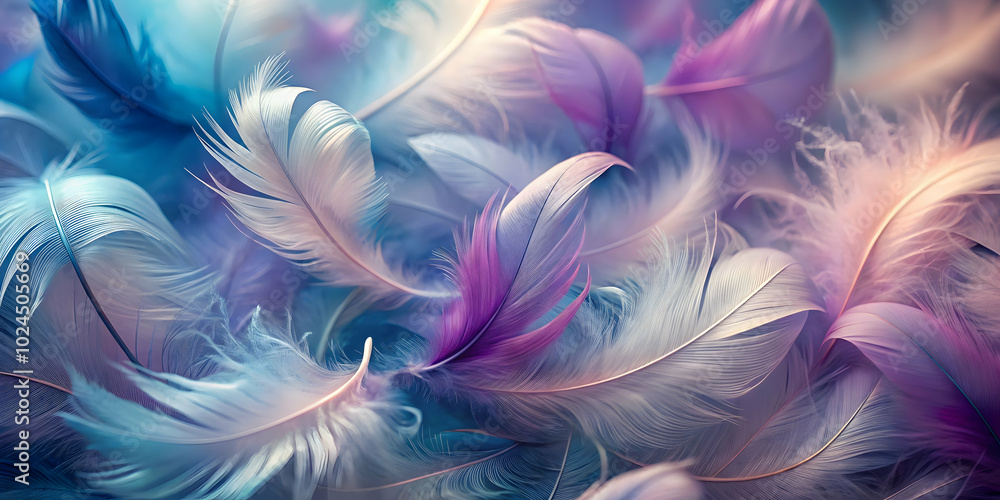 Poster pastel dream: a mesmerizing close-up of soft, pastel-colored feathers, creating a dreamy and etherea