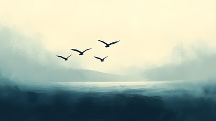 Obraz premium Four birds fly in formation over a misty lake.