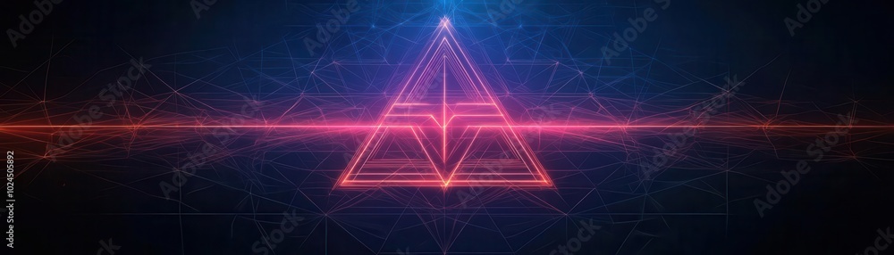 Poster a vibrant neon triangular design with intricate patterns and glowing effects, creating a futuristic 