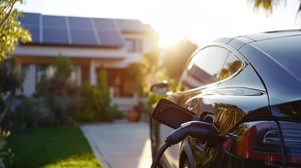 Electric car charging in the yard against the background of a private house with solar panels on the roof