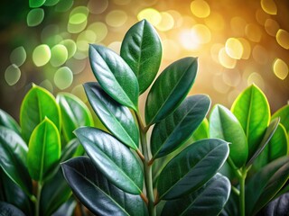 Obraz premium Lush glossy dark green ZZ plant leaves create a striking bokeh effect, perfect for indoor plant enthusiasts seeking to enhance their home décor.