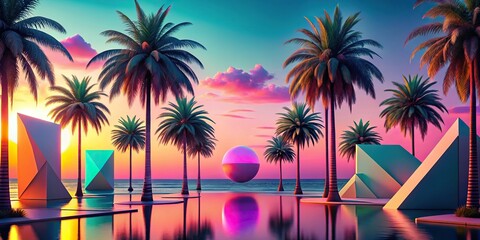 Macro surreal scene with geometric shapes, palm trees, and pastel sky