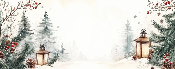 Serene winter landscape with watercolor effect featuring lanterns and evergreens in a snowy forest setting