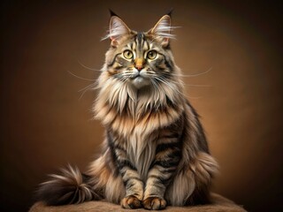 Obraz premium Majestic Maine Coon cat poses gracefully against a luxurious brown backdrop, showcasing its stunning features and vibrant fur, perfect for captivating stock photography.