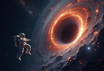 A spaceman falling into a blackhole showing Outer space from the perspective of the astronaut clearly showing the bending of spacetime around the astronaut