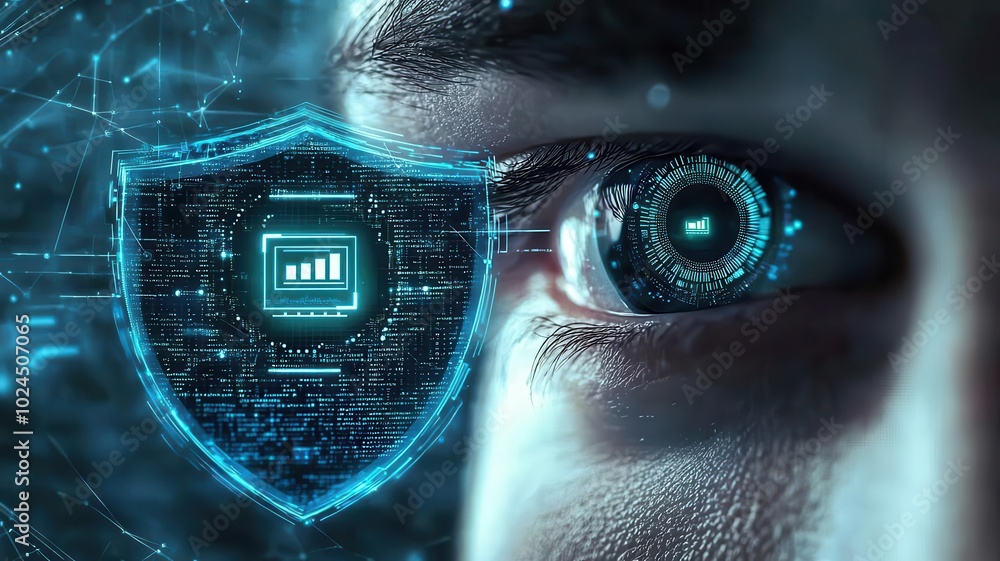 Poster close-up of a human eye with an overlay of a digital shield symbolizing cybersecurity and data prote