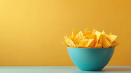 Vibrant Corn Tortilla Chips in a Turquoise Bowl against a Sunny Yellow Background