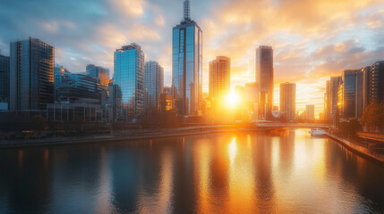 Obraz premium Stunning Sunset Reflections Over a Modern Cityscape: A Serene Evening by the Water