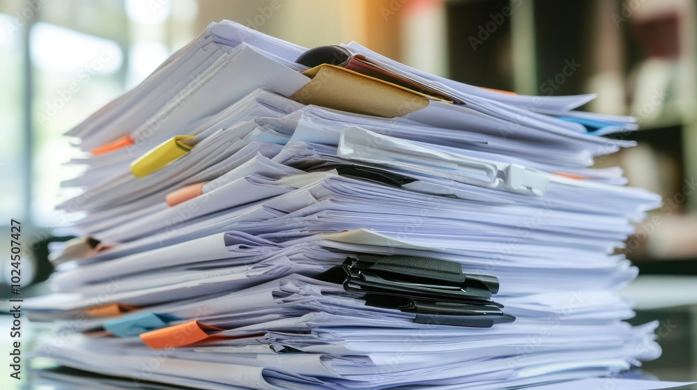 Poster a cluttered stack of documents with various tabs and clips, indicating organization or work in progr